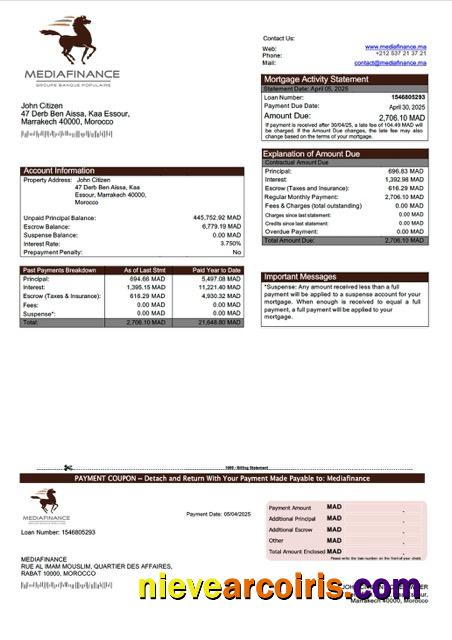 Morocco Mediafinance mortgage statement Word and PDF template